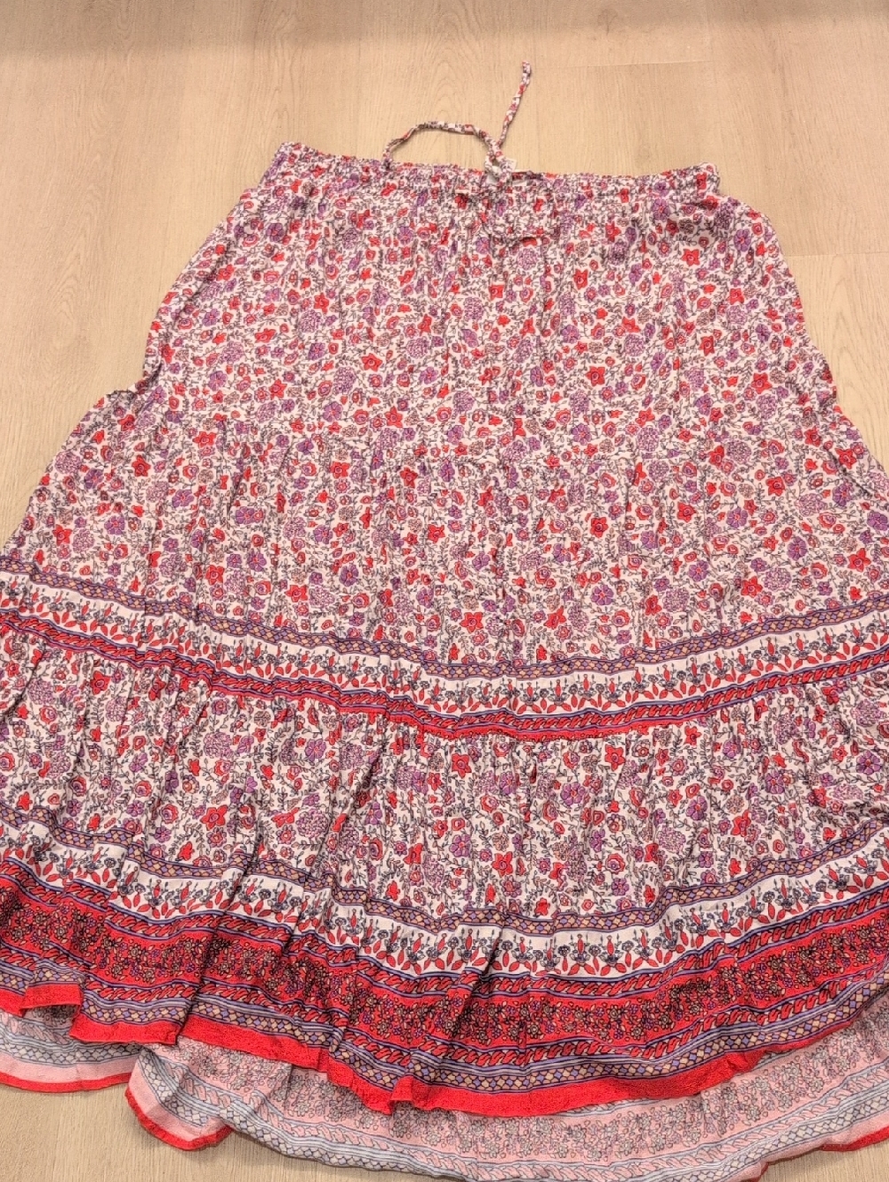 Knox Rose Xl Red and Purple Floral Tiered Maxi Skirt Tie Waist Flowy